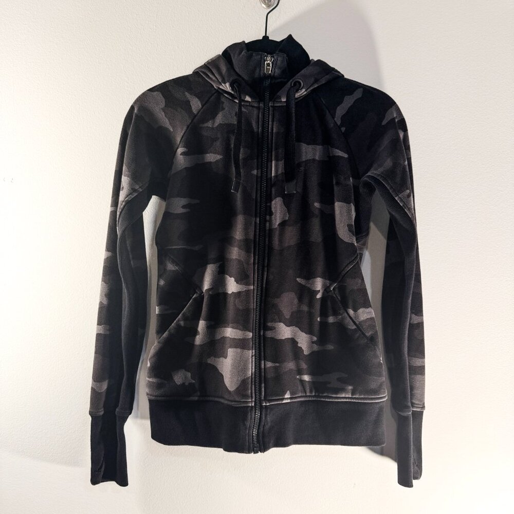 Athleta Triumph Hoodie Sweatshirt Full Front Zip Black Camo Women's Size XXS - Picture 3 of 11